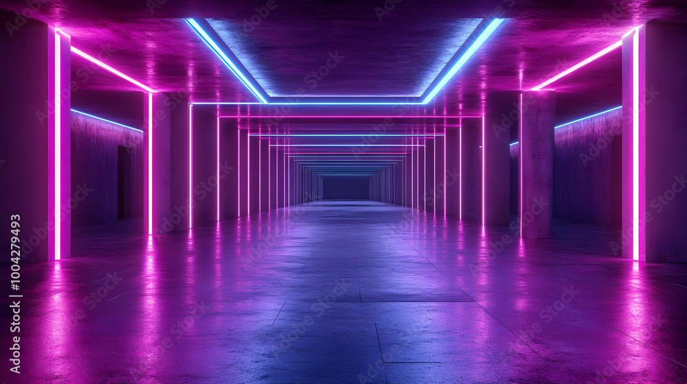 Neon Lights 3D Illustration: Futuristic Corridor with Pink and Blue Glow Neon Lights 3D Illustration: Futuristic Corridor with Pink and Blue Glow