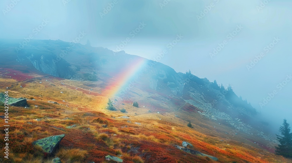 Fototapeta premium Majestic Rainbow Over Misty Autumn Mountain Landscape