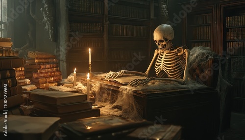 Skeleton Reading by Candlelight in an Ancient Library photo