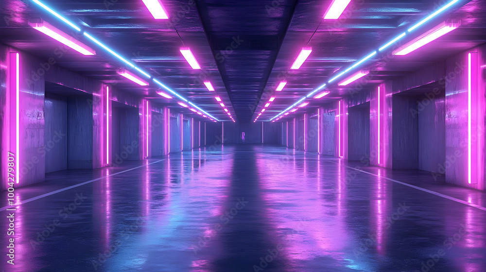 Neon Lights Reflecting on Wet Floor in an Empty Corridor - 3D Illustration Neon Lights Reflecting on Wet Floor in an Empty Corridor - 3D Illustration