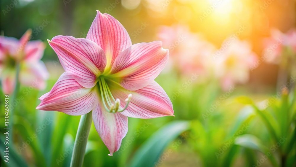 Fototapeta premium Pink Amaryllis flower blooms in garden with soft focus double flowers background