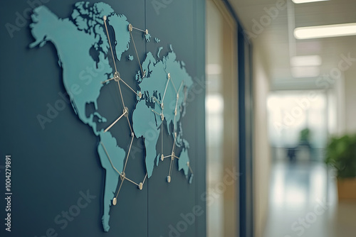 Digital world map with glowing nodes representing business hubs photo