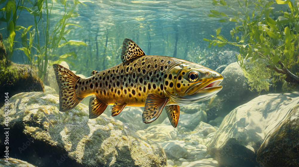 Fototapeta premium A spotted trout swimming in a crystal-clear stream