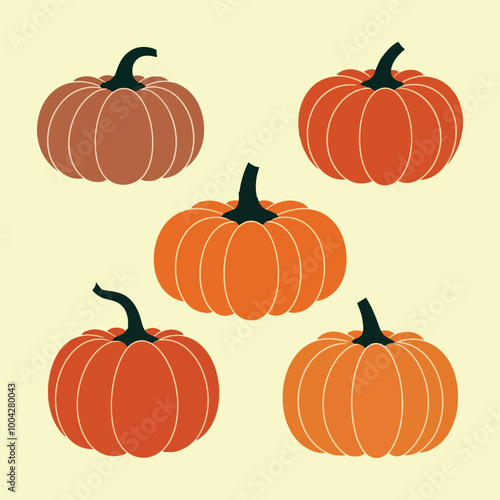 Set of pumpkins in various shapes sizes and colors