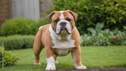 Red english bulldog in the garden