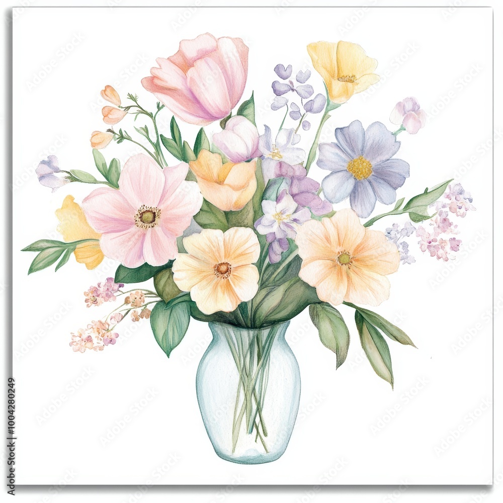 Obraz premium A beautiful bouquet of pastel flowers arranged in a clear vase.