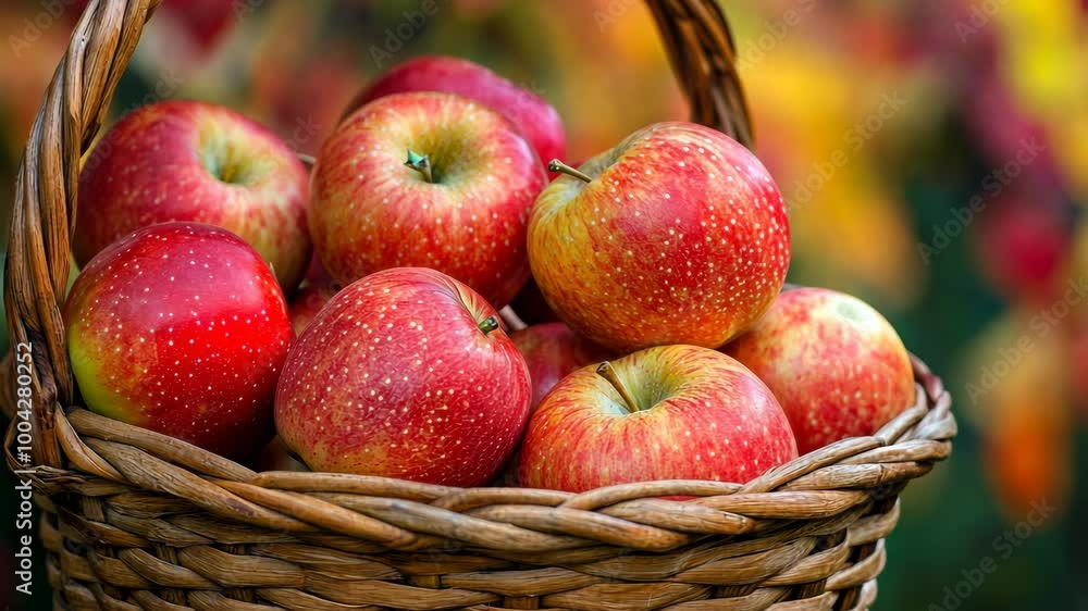 A wicker basket full of red apples sits on a blurry background of fall colors A wicker basket full of red apples sits on a blurry background of fall colors