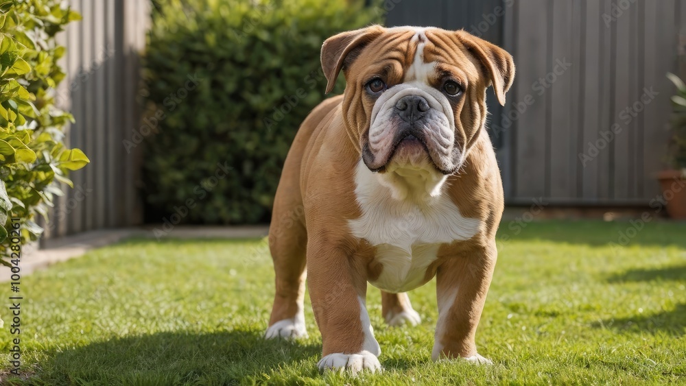 Red english bulldog in the garden Red english bulldog in the garden