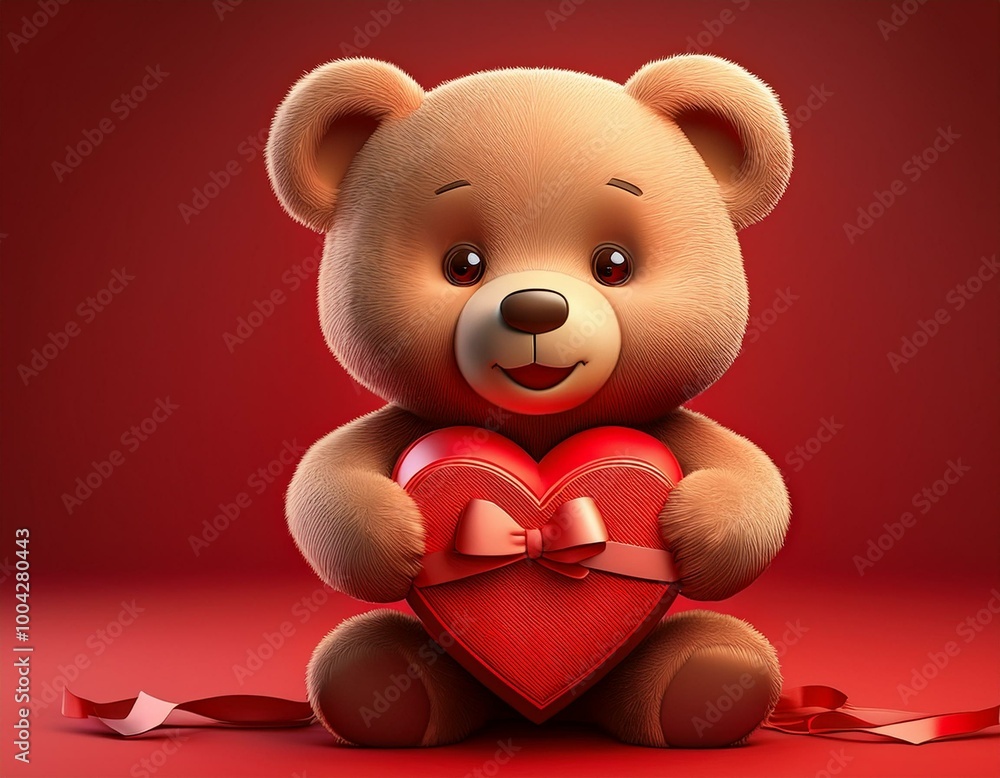 Obraz premium Cute Cartoon Teddy Bear. Holding a Heart Shaped Box of Chocolates on a Red Background 
