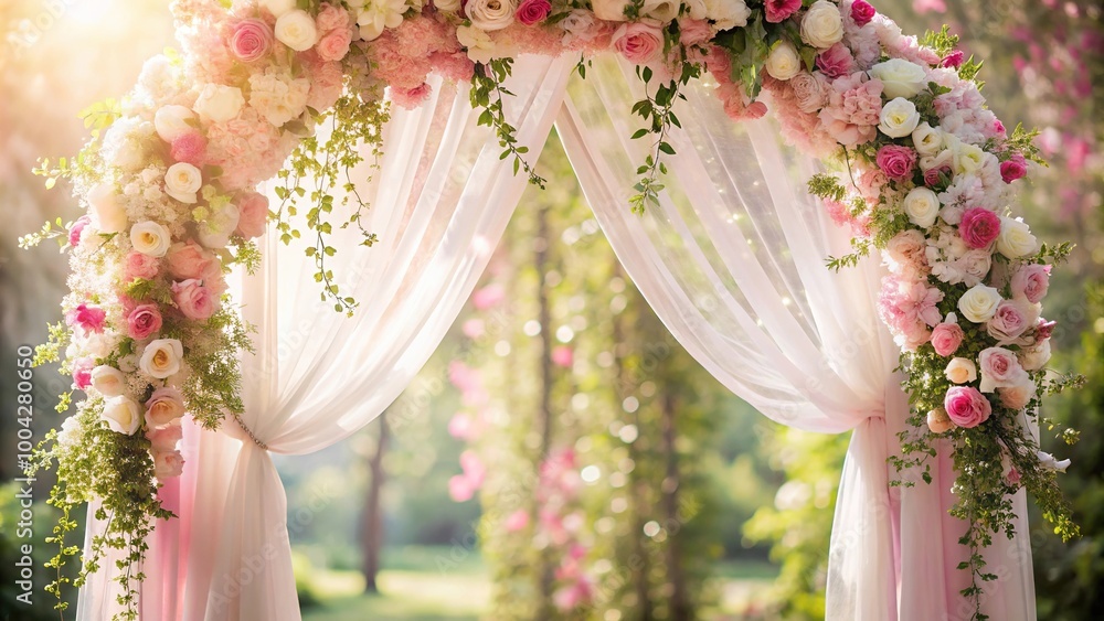 Pink and white floral arch with sheer curtains and sunlight Pink and white floral arch with sheer curtains and sunlight