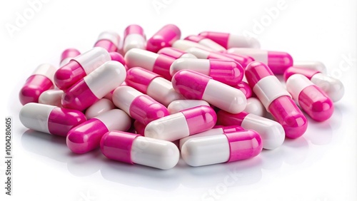 Pink and white capsule pills on white background