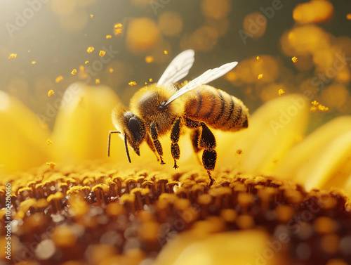Macro shot of bee landing on a sunflower, pollen visible