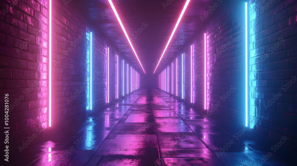 Neon Lights in a Brick Tunnel - 3D Illustration Neon Lights in a Brick Tunnel - 3D Illustration