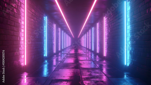 Neon Lights in a Brick Tunnel - 3D Illustration