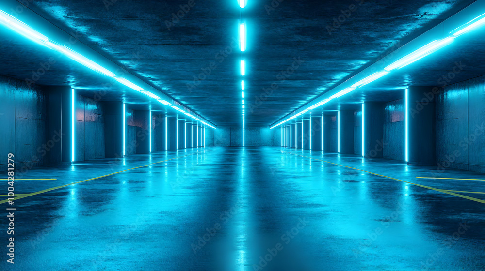 Blue Neon Lights Tunnel 3D Render Blue Neon Lights Tunnel 3D Render