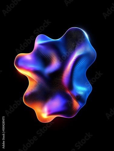 Abstract fluid shape in vibrant colors, glowing against a dark background for dynamic designs. A minimalist poster in metallic and chrome gradient style.