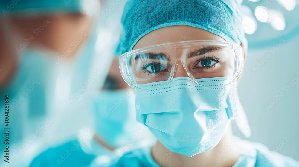 A focused medical professional in surgical attire, wearing mask and protective eyewear, exudes confidence and determination in clinical environment A focused medical professional in surgical attire, wearing mask and protective eyewear, exudes confidence and determination in clinical environment