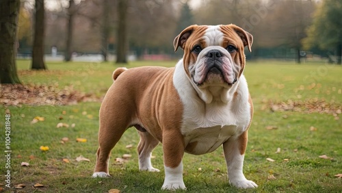 Red english bulldog in the park