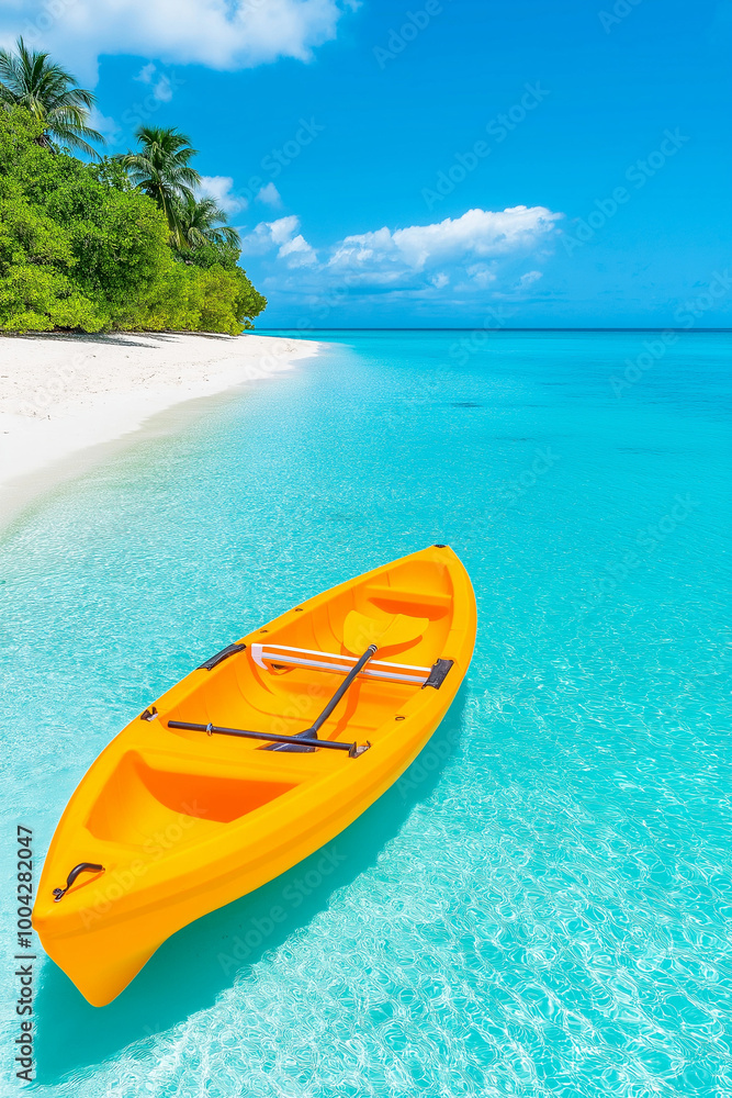 Serene Tropical Beach with Vibrant Yellow Kayak on Pristine Shoreline Serene Tropical Beach with Vibrant Yellow Kayak on Pristine Shoreline