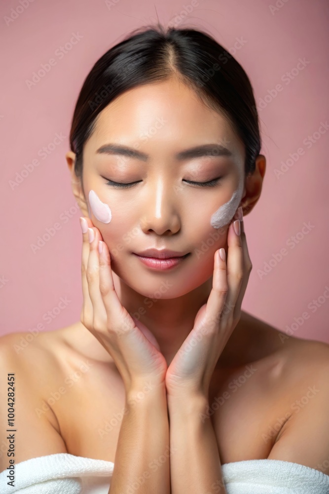 Serene Woman in Self-Care Routine Applying Creamy Facial Product with pink background Serene Woman in Self-Care Routine Applying Creamy Facial Product with pink background