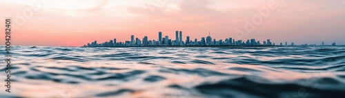 City skyline reflection in calm ocean waters at sunset with pastel-colored sky.