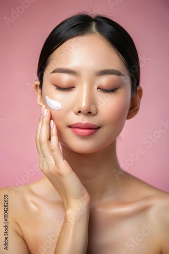 Serene Woman in Self-Care Routine Applying Creamy Facial Product with pink background