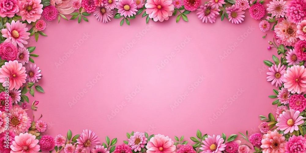 Pink floral frame on pink background from worm's eye view Pink floral frame on pink background from worm's eye view