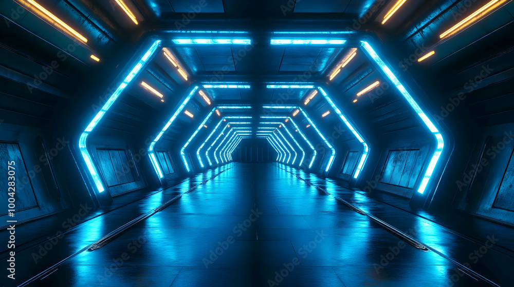 Futuristic Sci-Fi Tunnel with Blue and Yellow Neon Lights 3D Illustration Futuristic Sci-Fi Tunnel with Blue and Yellow Neon Lights 3D Illustration