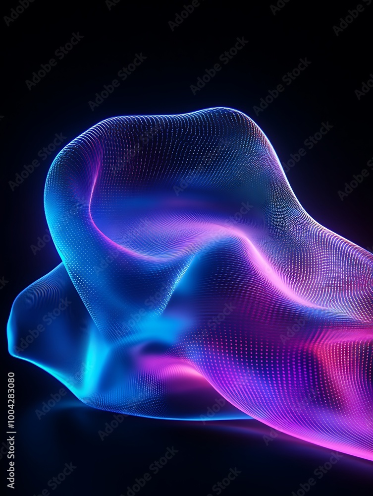 Abstract glowing fabric waves in vibrant colors on a dark background. A minimalist poster in metallic and chrome gradient style. Abstract glowing fabric waves in vibrant colors on a dark background. A minimalist poster in metallic and chrome gradient style.