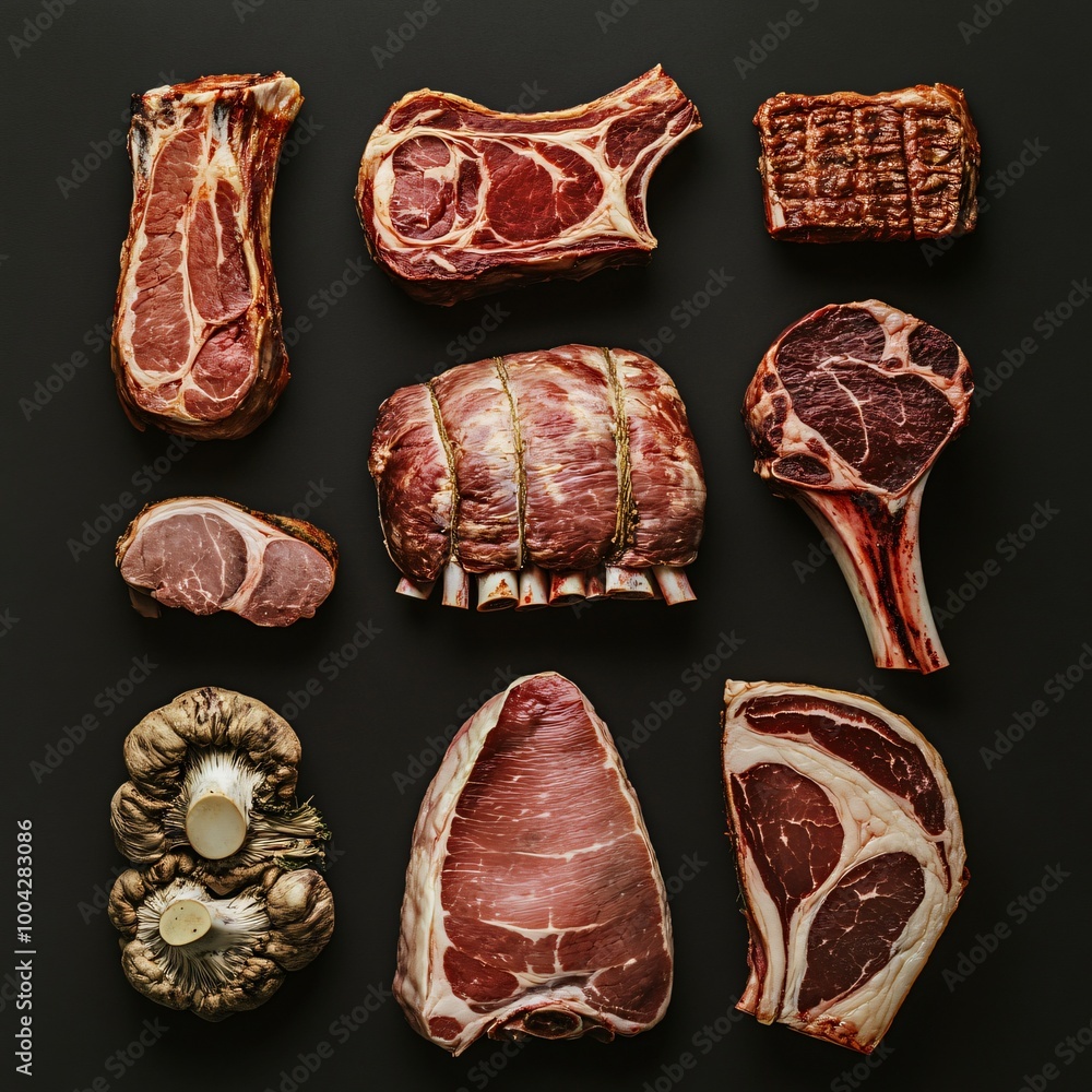 Fototapeta premium Raw lamb chops, pork chops, and pork meat isolated on white background, perfect for food illustration or meat icon collection