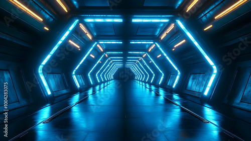 Futuristic Sci-Fi Tunnel with Blue and Yellow Neon Lights 3D Illustration