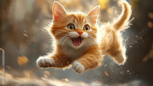 playful cat midleap with exaggerated comical expression exaggerated features and dynamic pose capture feline energy and whimsy in cartoon style