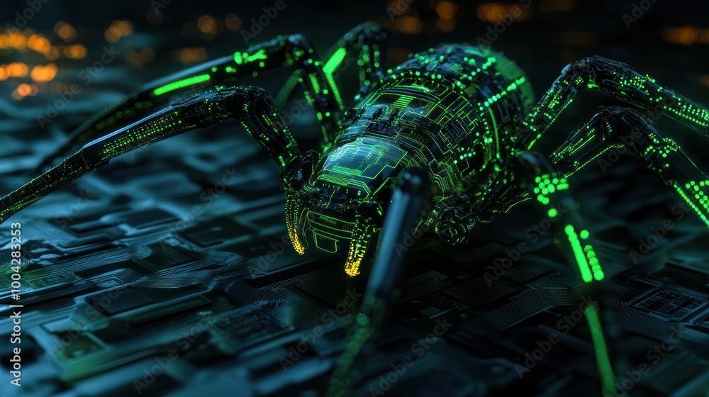 Fototapeta premium Advanced cyber spider with yellow-green lights