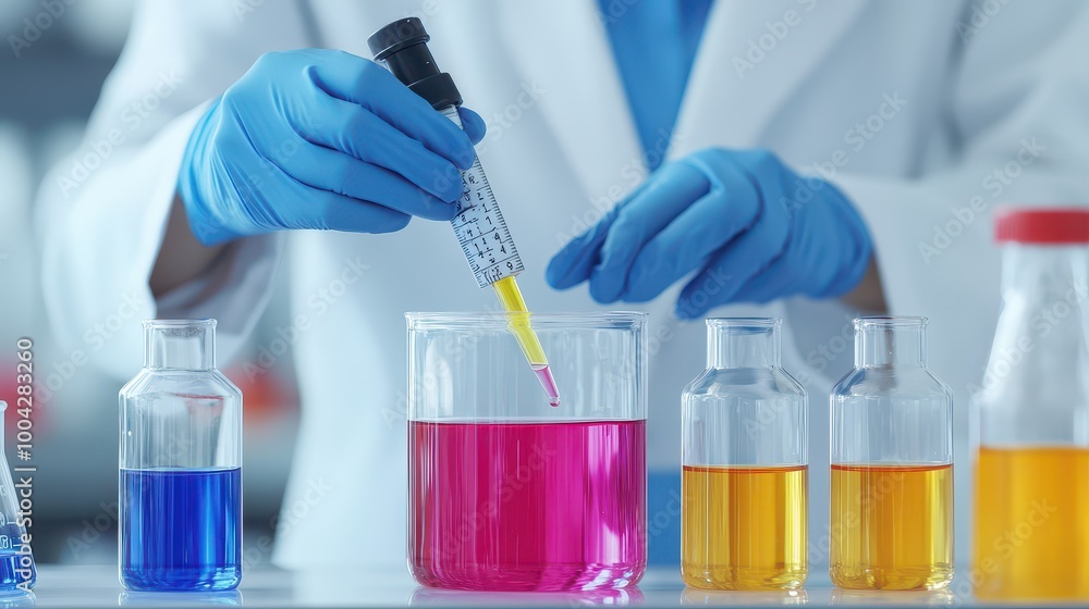 A scientist carefully adds a colorful substance to a beaker using a pipette in a modern laboratory setting. A scientist carefully adds a colorful substance to a beaker using a pipette in a modern laboratory setting.