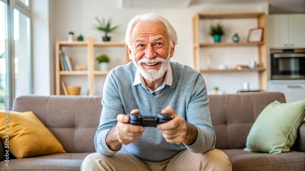 A senior man playing video games at home A senior man playing video games at home