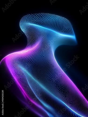 Abstract glowing figure with vibrant colors, formed by dots, creating a sense of movement and depth against a dark background. A minimalist poster in metallic and chrome gradient style.