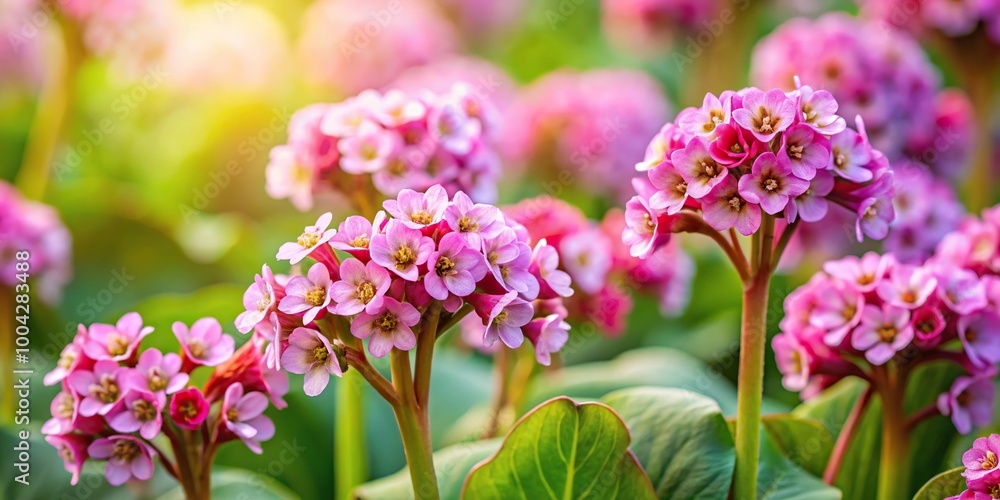 Fototapeta premium Pink flowers of Bergenia crassifolia in a spring garden with selective focus