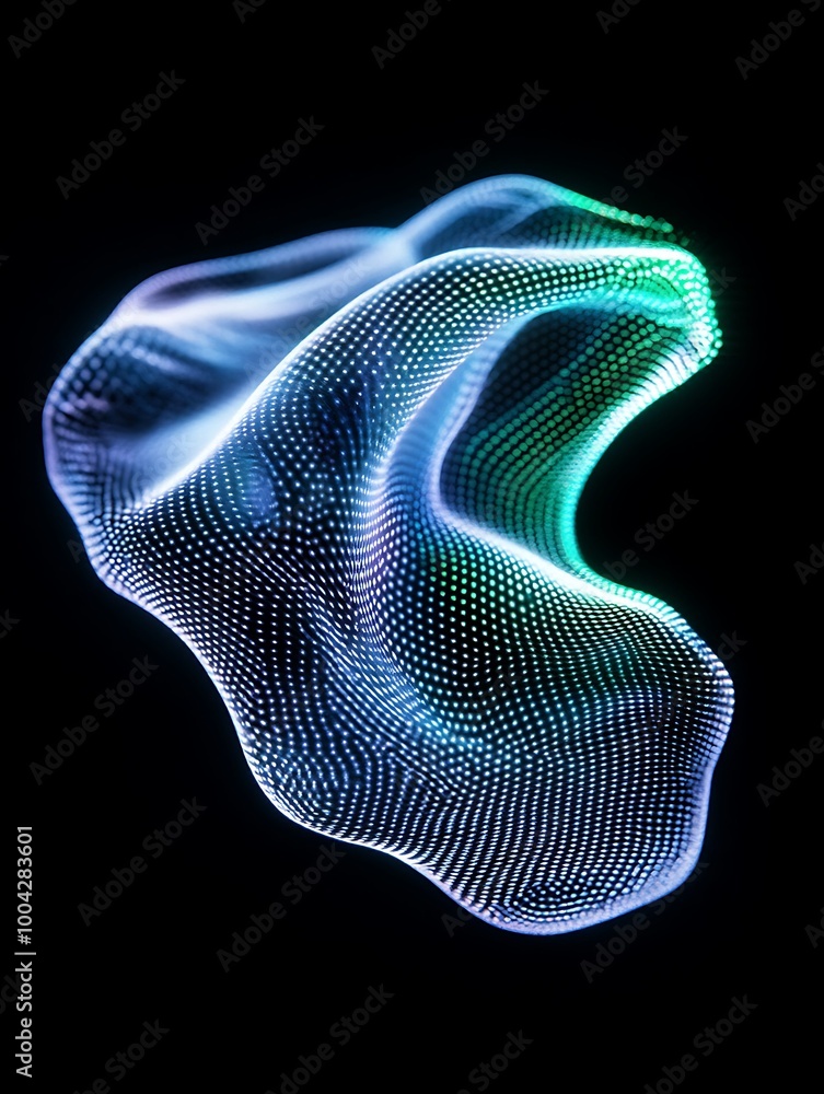 Abstract glowing mesh shape illustration on black background for creative design. A minimalist poster in metallic and chrome gradient style. Abstract glowing mesh shape illustration on black background for creative design. A minimalist poster in metallic and chrome gradient style.