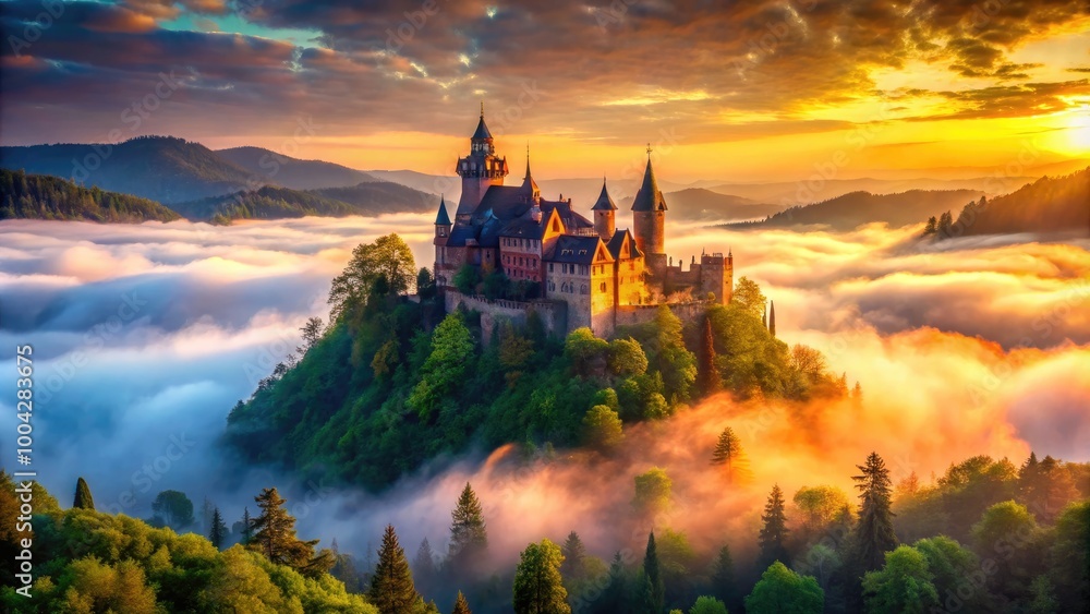 Enigmatic Tangled Castle Surrounded by Lush Greenery and Mystical Fog in a Dreamlike Landscape Enigmatic Tangled Castle Surrounded by Lush Greenery and Mystical Fog in a Dreamlike Landscape