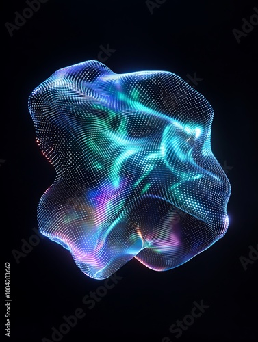 Abstract glowing mesh shape with colorful light effects on a black background. A minimalist poster in metallic and chrome gradient style.