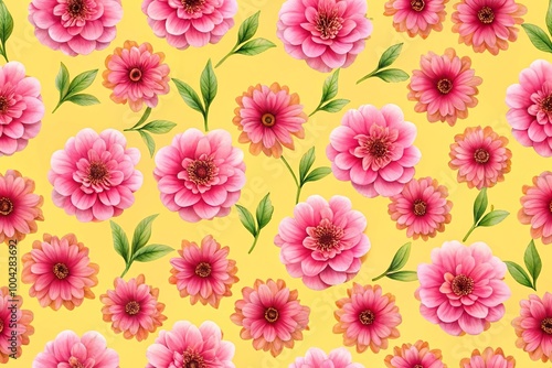 pink flowers seamless pattern on yellow background