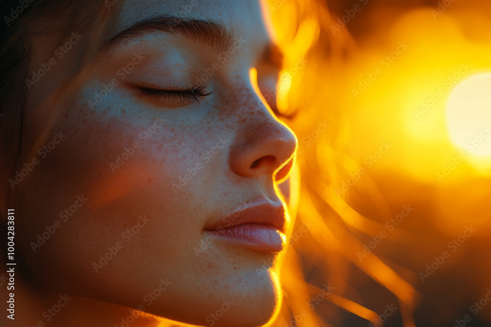 A woman with a serene expression on her face, looking out at the sun A woman with a serene expression on her face, looking out at the sun
