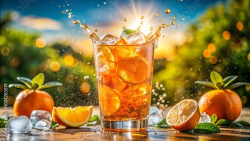 Bright and fizzy orange soda in a glass with ice cubes bubbles rising on a sunny summer day