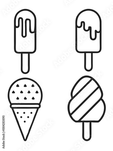 Minimalistic ice cream vector icon set in black and white outline style for coloring books.
Ice cream cones and popsicles vector outline icons, perfect for line art and coloring designs.
