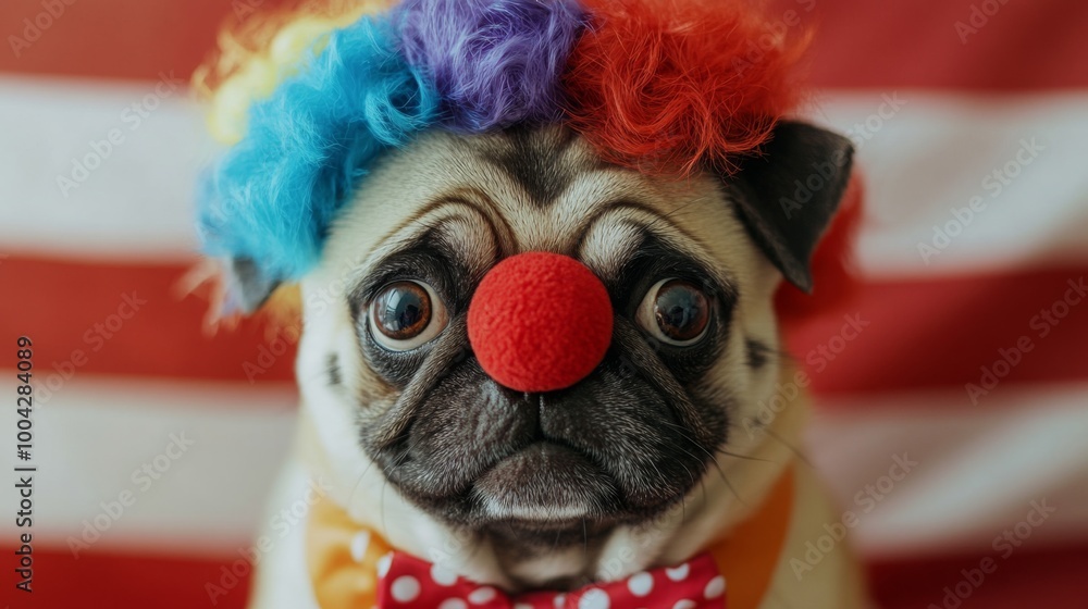 A cheerful pug, adorned with a vibrant clown wig and a red nose, gazes playfully at the camera while sitting against a festive background. The scene captures a joyful, light-hearted moment. A cheerful pug, adorned with a vibrant clown wig and a red nose, gazes playfully at the camera while sitting against a festive background. The scene captures a joyful, light-hearted moment.