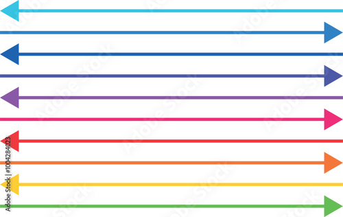 Colored thin arrows in lgbt style. Oppositely directed long arrows. Horizontal arrows. Тонкие разноцветные стрелки, длинные стрелки с разным направлением
