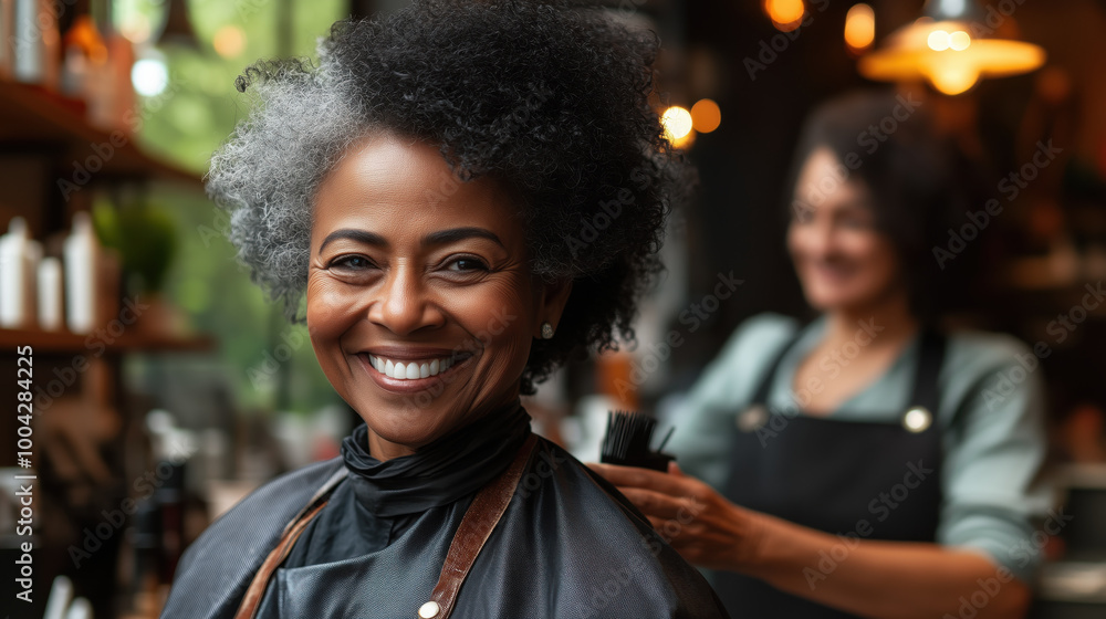 joyful woman with curly hair smiles while getting her hair styled in salon joyful woman with curly hair smiles while getting her hair styled in salon