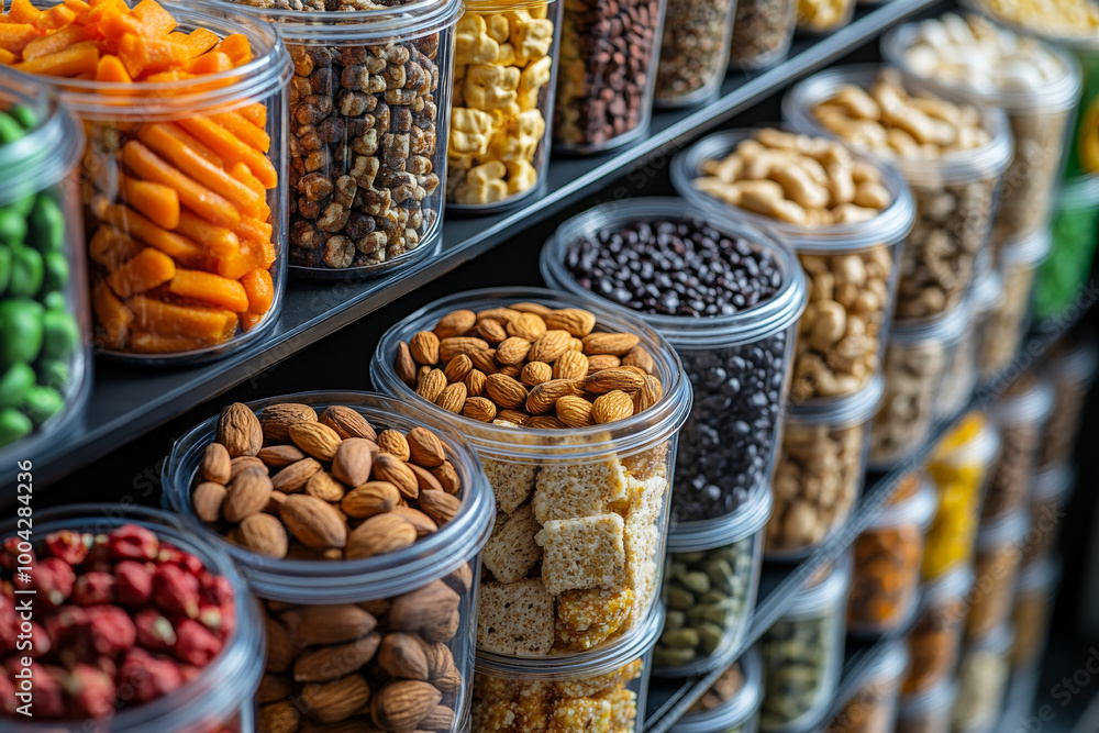 A row of plastic containers filled with various types of nuts and other snacks A row of plastic containers filled with various types of nuts and other snacks