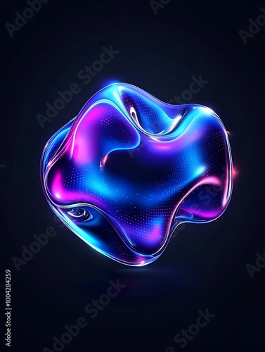 Abstract glowing shape with vibrant blue and purple hues against a dark background, showcasing modern design aesthetics. A minimalist poster in metallic and chrome gradient style.