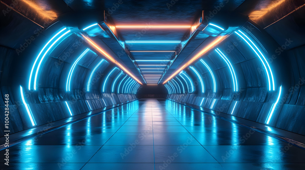 Futuristic 3D Render of a Dark Tunnel with Glowing Neon Lights Futuristic 3D Render of a Dark Tunnel with Glowing Neon Lights